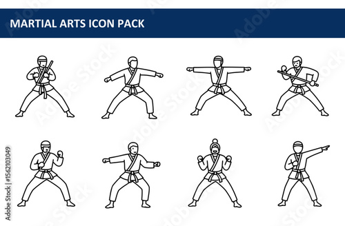 Martial arts icon pack showcasing various stances and techniques.