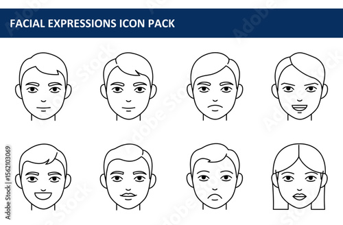 Facial expressions of various demographics in a neutral setting. Portraits of diverse emotions displayed in simple line drawings.