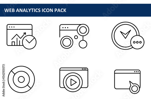 Web analytics icon set of various data visualization and management elements. Simple, modern, and versatile icons with a clean line style.