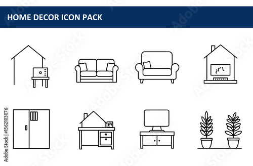 Home decor icons depicting various furniture and appliances within a home setting.