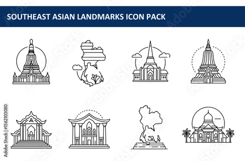 Southeast Asian landmarks iconography in black and white line art style. Simple, flat illustrations of temples, pagodas, and a map of Southeast Asia.