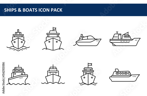 Line art illustration of various ships and boats in different styles. Simple, outlined vessels at rest on the water, a variety of commercial and leisure craft in different designs.