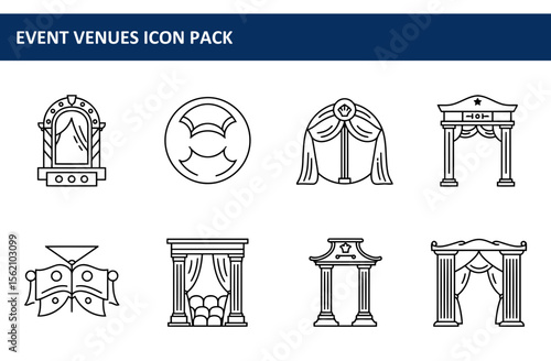 Line art illustrations of various event venues. Simple designs of stage, archways, and draped structures with pillars, suitable for website icons.