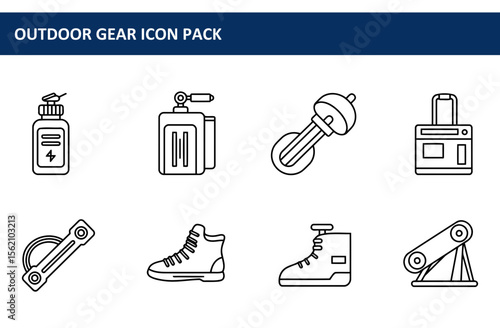 Outdoor gear icons featuring various equipment for hiking, camping, and travel. A collection of line art icons for outdoor recreation and sports, showcasing different items for adventure.