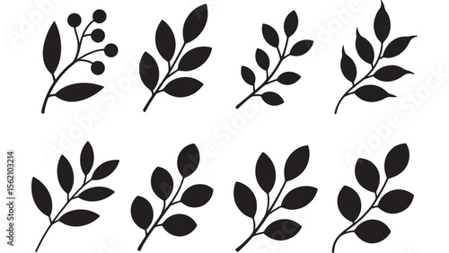 Elegant Black Silhouette Leaf & Branch Icons Set EPS Vector Illustration