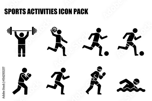 Sports activities icons of various male athletes in different poses and sports. A collection of silhouette icons depicting common athletic activities.