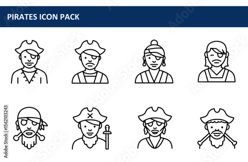 Pirate icon pack with male and female characters in various poses. Line art illustrations of pirates in various pirate attire and settings.