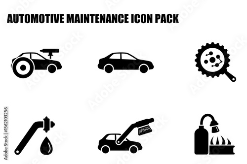 Automotive maintenance icons depicting various services in a simplified, graphic style. Vehicle maintenance actions displayed in a clean, isolated background.