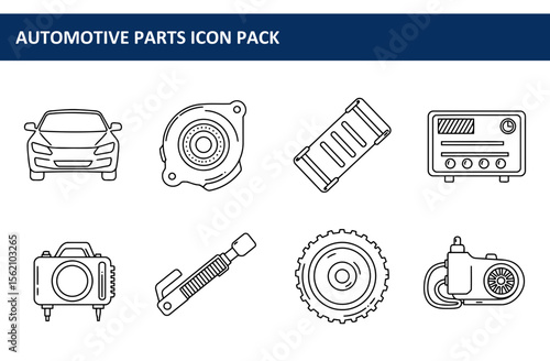 Automotive parts icons in a graphic design setting. Line art illustrations of various car parts displayed in a grid format.