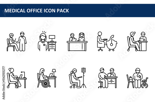 Medical office staff interacting with patients in various scenarios. Diverse individuals engaged in consultations, examinations, and administrative tasks within a medical office setting.