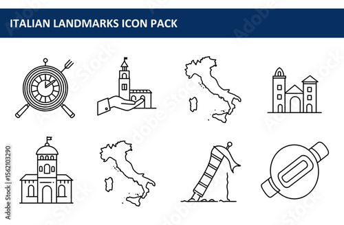 Italian landmarks icon set in a simple, outlined style. Collection of architectural and geographical features of Italy, represented as graphic icons.