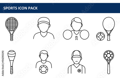 Line art icons of sports equipment and athletes in various poses.