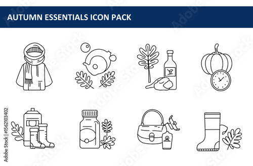Autumn essentials icon pack featuring various items in a simple line art style. A collection of everyday objects representing fall, depicted in a flat, vector format.