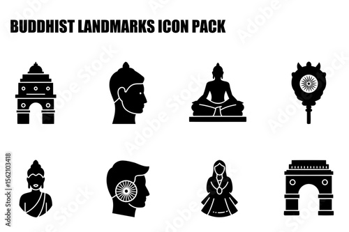 Buddhist Landmarks Icon Set. Architectural and Cultural Symbols in Silhouette.