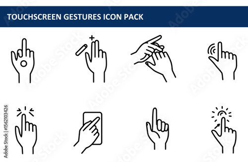 Touchscreen gestures icon set showing various hand actions for user interface design. Line art illustrations of hands performing common touchscreen interactions.
