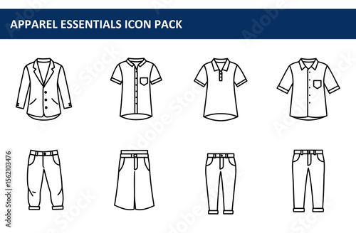 Apparel essentials icon pack showcasing various clothing items in a simple, flat design. A collection of outlined casual clothing styles displayed in a neutral, minimalist setting.