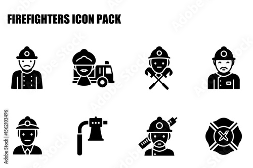 Firefighter icon set depicting various personnel and equipment in a simple, stylized design.