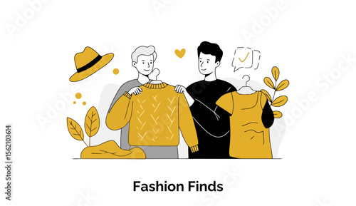 Men examining clothing in a store setting. Two men looking at and holding up clothing items, potentially in a trendy fashion store.