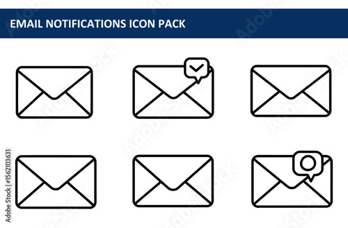 Email notification icons set for digital applications. Simple, outline icons of email envelopes with notification indicators.