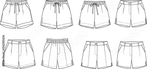 Women’s fashion shorts front and back technical sketches, casual summer styles, drawstring waist, flat cad vector line illustration