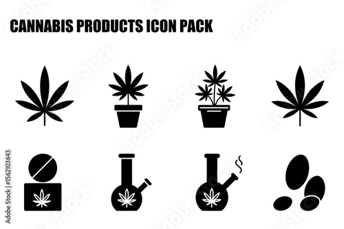 Cannabis products icon set. Simple black and white icons representing cannabis plant, leaves, pill, marijuana seeds, and smoking accessories in a modern, flat style.