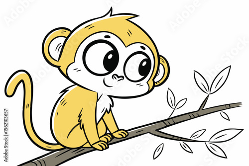 Cartoon monkey with a yellow body sits on a branch with sketched leaves