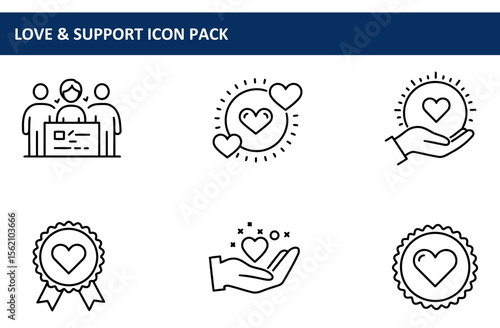 Line art icons depicting love and support, showcasing various interactions. Abstract representations of teamwork, mutual appreciation, and care in a business setting.
