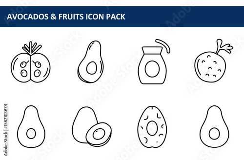 Avocado and fruit icons in various forms, including whole and halved fruits, with a simple line art style. Fruit iconography for use in digital design or publications.