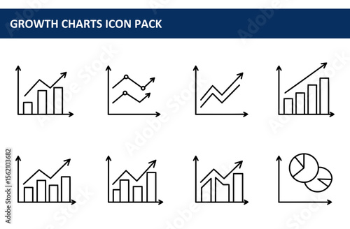 Growth charts icons in a variety of formats depicting upward trends. Simple line drawings of graphs for business presentations or educational use.