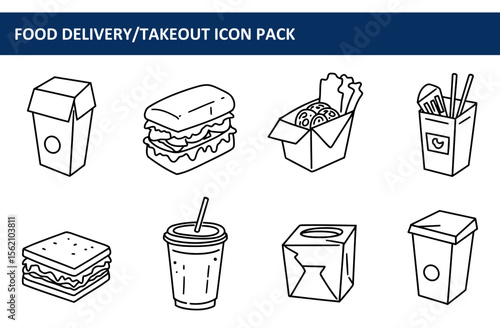 Food delivery/takeout icon pack featuring various food items in takeout containers and packaging.