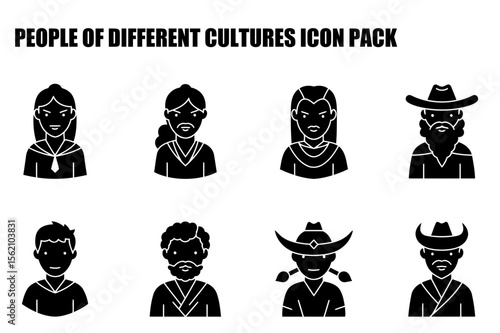 Diverse people of different cultures in various clothing and poses. Portraits of individuals representing different cultures in a flat style.