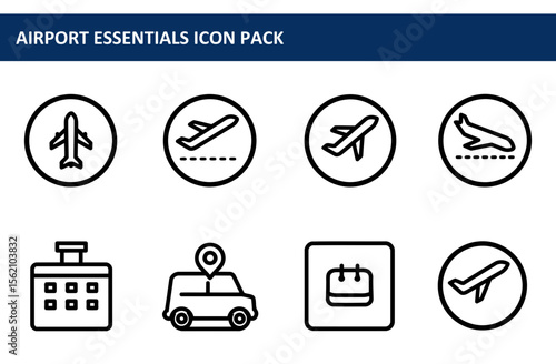 Airport essentials icon pack showcasing various airport services in simple, clean line art. Icons depict aircraft taking off/landing, baggage claim, location services and scheduling.