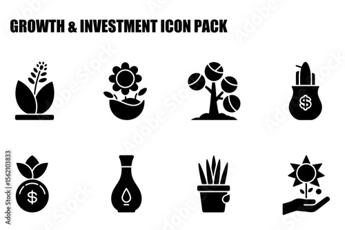 Growth and investment icons with no demographic details in a simple, clean design. Abstract representations of plants, money, and growth processes set against a white background.