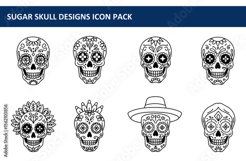 Sugar skull designs in outline style, displayed against a white background. Intricate decorative elements adorn each skull, with various adornments and accessories.
