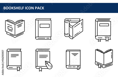 Book shelf icon pack depicting various open and closed books in a simple, clean line style. Various book orientations and book markings with no specific location or demographic.