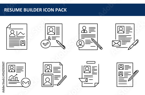 Resume builder icon pack showing various stages of the resume building process. Different icons illustrate elements of the process, like adding information, reviewing, and sending applications.