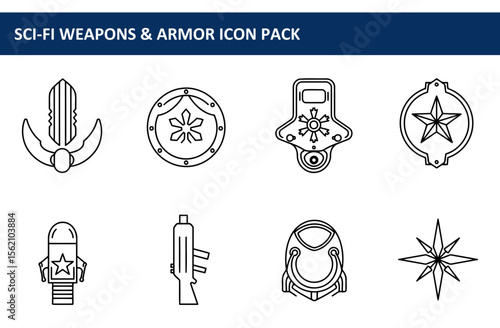 Sci-Fi weapons and armor icons in a collection of outline illustrations. Collection of futuristic weaponry and defensive gear depicted in a minimalist style.