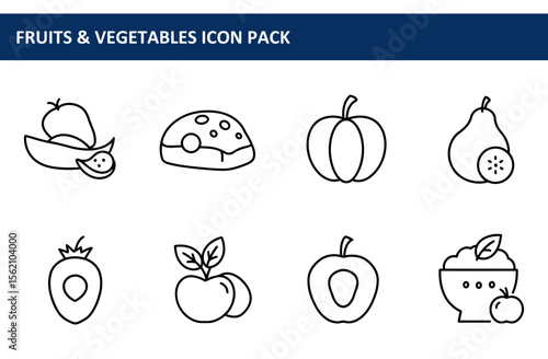 Fruit and vegetable line icons in a simple, flat design.