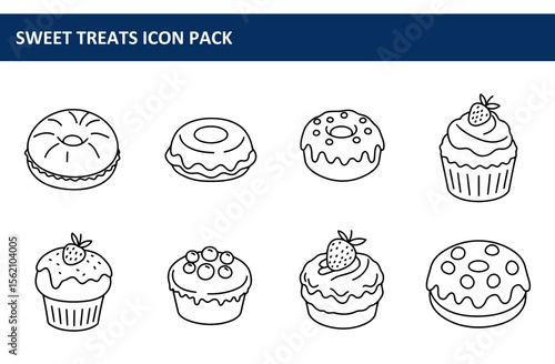 Sweet treats icon pack featuring various bakery items in simple line art style. Different types of donuts and cupcakes are illustrated with detailed icing, fruit toppings, and other design elements.