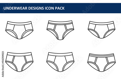 Underwear designs, various styles in a simple outline. Flat lay graphic illustrations of different styles of underwear, fashion design for a website.