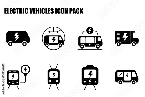 Electric vehicle icons in a variety of modes of transport for a general use. Simple black and white illustrations of electric vehicles with charging and different perspectives.