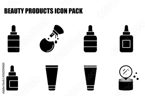 Beauty product icons depicting various cosmetic containers in a simple, stylized design. Essential beauty items for makeup application and skincare, displayed in a clean, modern style.