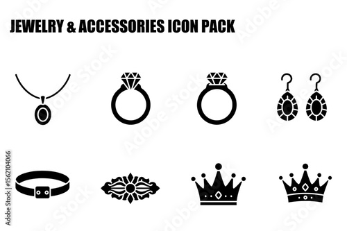 Jewelry and accessories icons, featuring necklace, ring, earrings, bracelet, brooch, and crown. Simple, elegant designs for use in fashion or jewelry marketing materials.