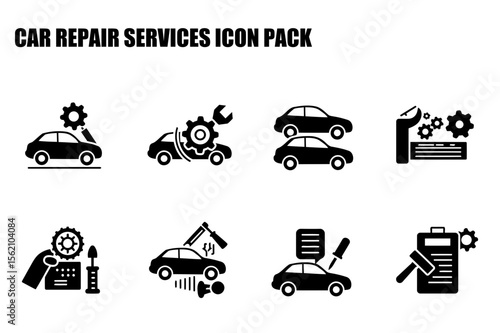 Automotive repair service icons depicting various actions in a workshop setting. Automotive technicians working on vehicles with associated tools and documents.