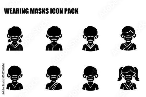 Children wearing masks in various styles, representing different cultural backgrounds. Icons of diverse children in various outfits, illustrating preventive measures during public health emergencies.