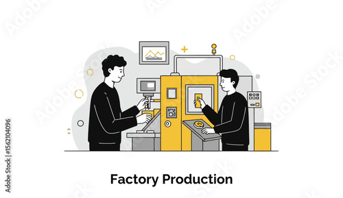 Two male factory workers in dark clothing operate machinery in a modern factory setting. Workers interact with equipment and machinery.
