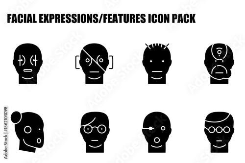 Facial expressions icons depicting diverse demographics in a simple, stylized graphic design. Collection of various facial expressions for use in educational and design resources.