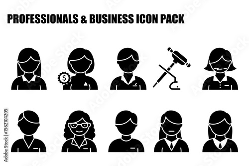 Professionals & business icon pack depicting diverse demographic groups in various professional settings. Silhouette representations of people with varied roles, showcasing diverse business profiles.