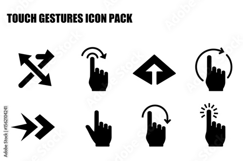 Touch gestures icon pack depicting various hand and finger actions on a plain white background. Modern graphic design for user interface or digital product.