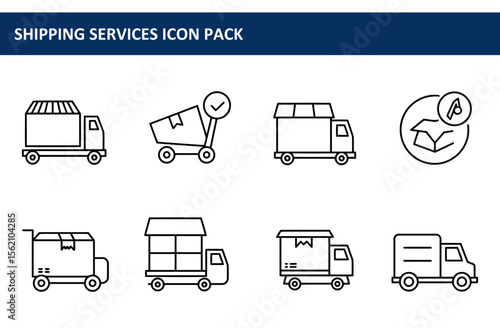 Shipping services icon pack featuring various types of delivery trucks in a simple line art style. Different truck configurations and delivery elements are shown.